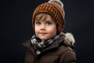 A portrait of a cute little boy in a warm hat and coat.
