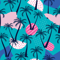 Abstract Floral coconut trees seamless pattern with leaves. tropical background  