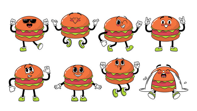 Whimsical Retro Cartoon Burger Characters Feature Charismatic Buns, Lively Patties, And Cheerful Toppings