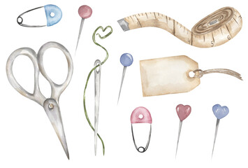 Hand-drawn watercolor sewing elements illustration, crafts and Hobbies clipart, scissors, pin, measuring tape illustration, needles - 705545817