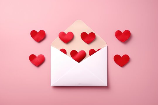 Red heart paper stick on white envelope. Created with Ai