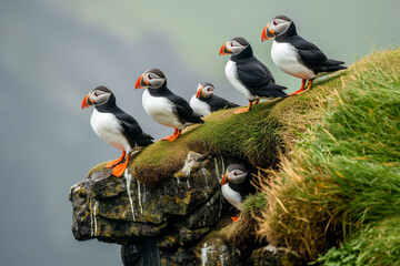 A group of puffins with striking orange beaks and black and white feathers is perched on the grassy edge of a seaside cliff, gazing out into the overcast environment.