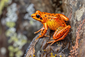 An orange poison dart frog with striking black spots is climbing on a tree, its vibrant colors standing out against the textured bark and a softly blurred background.