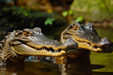 Obraz premium Two alligators are partially submerged in water, facing the camera with their eyes above the surface and jaws slightly open, showcasing their sharp teeth and textured scales in a close-up shot.