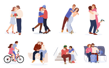 Happy love couples set. Happy men and women kissing, hugging and embracing. Diverse people in romantic relationships. Lovers characters dating concept. Cartoon sweethearts vector Illustration