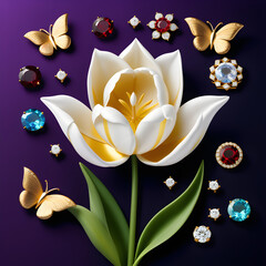 Create, AI graphic, high-resolution, jewelry-crafted, tulip flower, utilize, gemstones, materials, delicately depict, beauty, capture, serene, elegant atmosphere.(Generative AI)