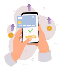 Mobile payment app money transfer process, hand holding smartphone vector illustration