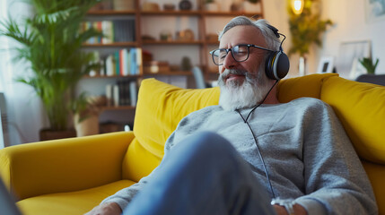 Senior man sitting on the couch wearing headphones listening to music, relaxing at home.