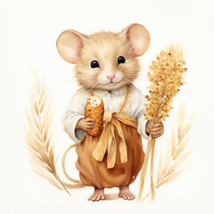 Watercolor drawing of a mouse holding spikelets in its paws
