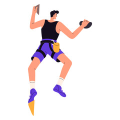 Man with safety equipment, belaying climbing on top of rock. Climber grips on bouldering wall, grabbing on stones. Extreme sport in artificial mountain park. Flat isolated vector illustration on white
