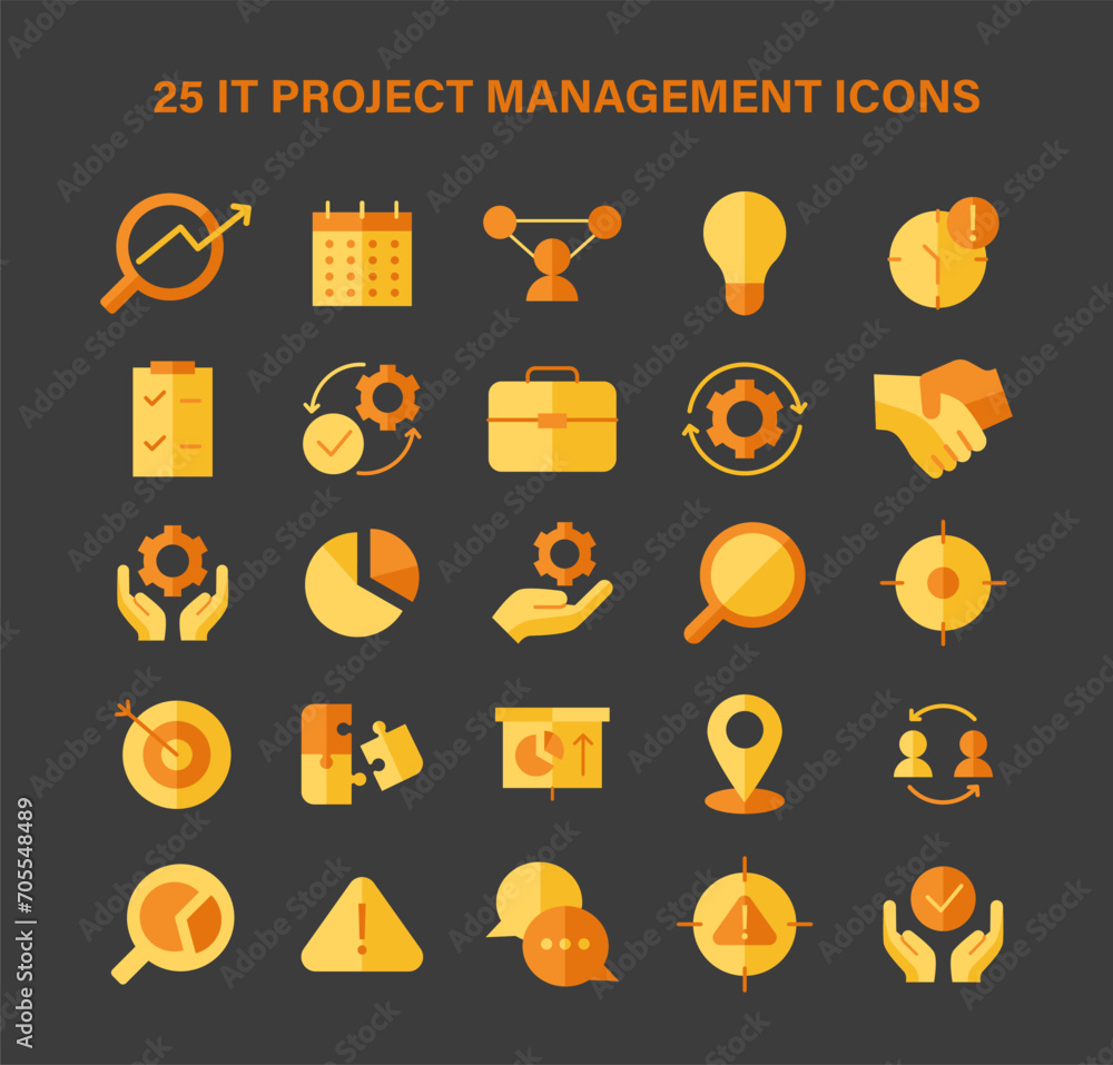 Poster it project management set. comprehensive icons for teamwork, strategy, and planning. essential eleme