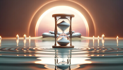 3D normal hourglass placed symmetrically on gently moving water against a meditative, tranquil background