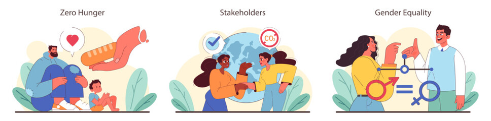 Hunger eradication, collaborative engagement, and gender balance set. Nourishing the young, uniting for climate action, advocating for equality. Harmonious society goals. Flat vector illustration.