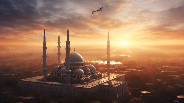 mosque at sunset, modern islamic mosque masjid background
