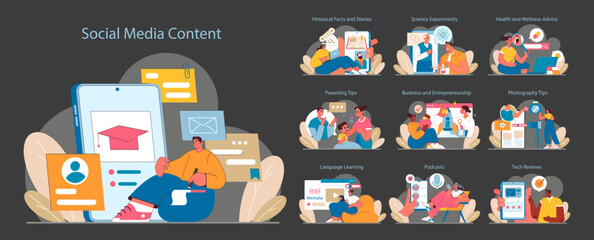 Social Media Content set. Educational and entertainment material creation. Engaging online audiences with tutorials, tips, and discussions. Flat vector illustration.