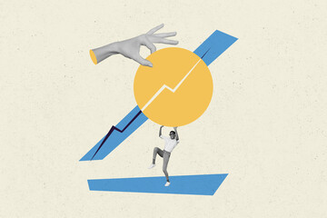 Collage picture of miniature hardworking young funny woman holding round element diagram pie chart...