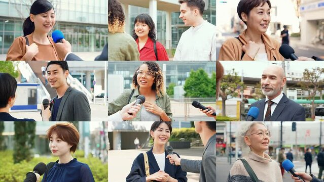 Collage of various street interview scenes. Expansion, Reduction transition.