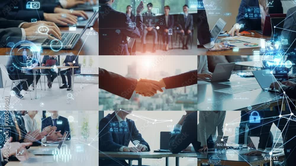 Poster collage of various business scene scenes and digital technology concept. management strategy.