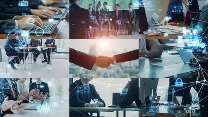 Collage of various business scene scenes and digital technology concept. Management strategy. - Powered by Adobe