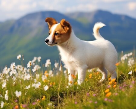 Small dog stands on grass with a mountain backdrop, animal photography pics