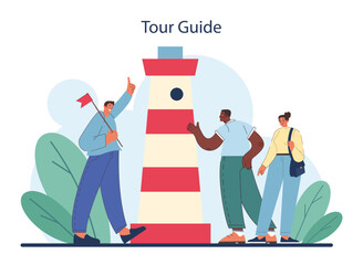 Tourism. People traveling the world seeing attractions and cultural heritage. Traveler booking a hotel and packing a baggage. Active lifestyle. Flat vector illustration