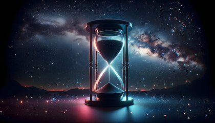 Hourglass with milky way or galaxy in the background, time travel concept