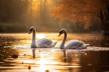 Two swans swimming at dawn on autumn lake with leaves as a symbol of affection and devotion - Powered by Adobe