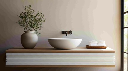  A close-up of a minimalist bathroom sink, where clean lines and subtle details create a modern sanctuary. Ideal for contemporary design concepts.