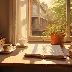 Warm sunlight, window, book, coffee