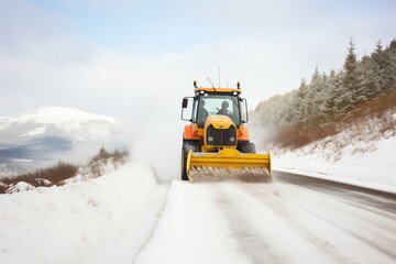 snow plow clearing a rural mountain way - obrazy, fototapety, plakaty
