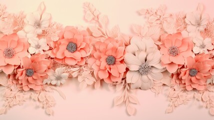 Fototapeta na wymiar Peach fuzz abstract background with openwork lacy fabric texture, decorated with flowers