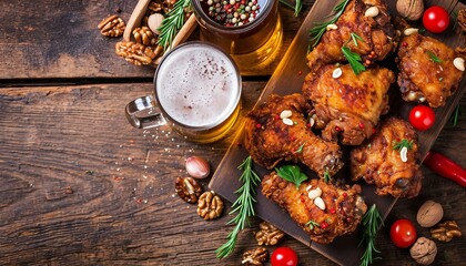 Fried chicken thighs with beer, A plate of fried chicken and a cup of beer on a table. - obrazy, fototapety, plakaty