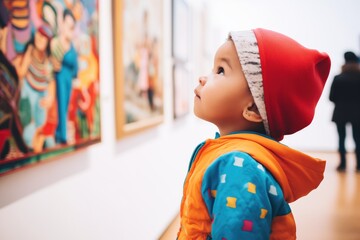 child looking curiously at a bright, pop-art piece in a museum