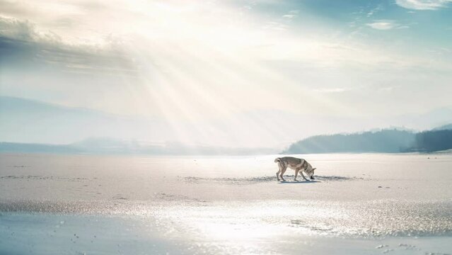Czechoslovakian wolfdog in beautiful winter nature. wolfhound. Loop Animation.