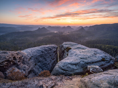 Kleiner Winterberg mountain at dawn, Saxon Switzerland, Saxony, Germany