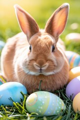 Easter eggs and a rabbit in a green meadow