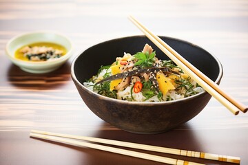 ramen bowl with nori, bamboo shoots, sesame seeds