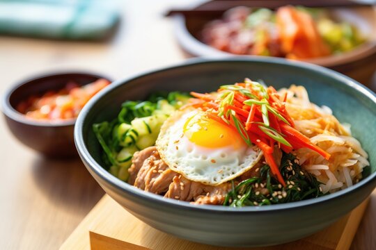 close-up of bibimbap with gochujang sauce on the side