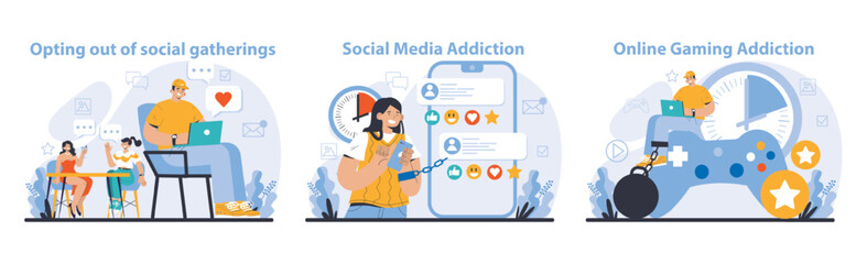 Internet addiction set. Scenes of individuals neglecting real-life interaction for social media and gaming, reflecting on internet overuse. Flat vector illustration. - obrazy, fototapety, plakaty