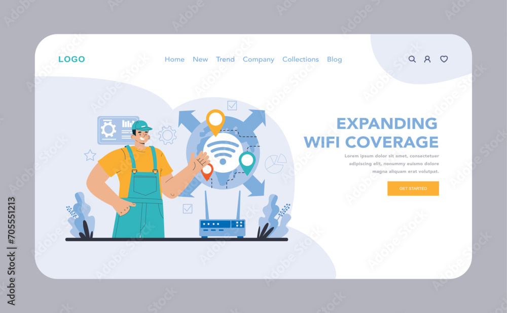 Poster wi-fi network web or landing. specialist setting up, developing and maintaining wireless fidelity eq