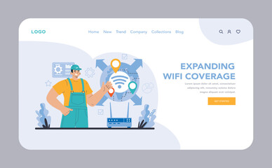 Wi-Fi network web or landing. Specialist setting up, developing and maintaining wireless fidelity equipment. Secure connection configuration. Flat vector illustration