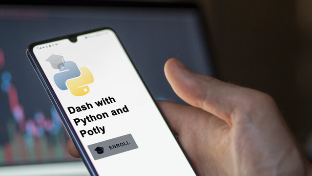 January 03th 2024. Student enrolls to Dash with Python and Potly program on a phone, artificial intelligence certification by e-learning