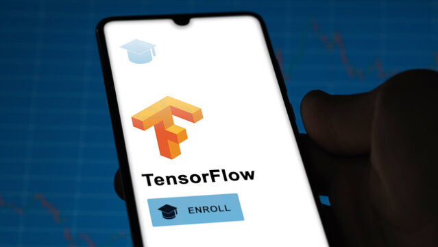 January 03th 2024. Student enrolls to TensorFlow program on a phone, upskilling certification by e-learning