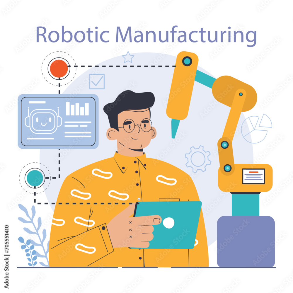 Poster robotic manufacture. automated systems or ai working for manufacturing process. industrial robots de