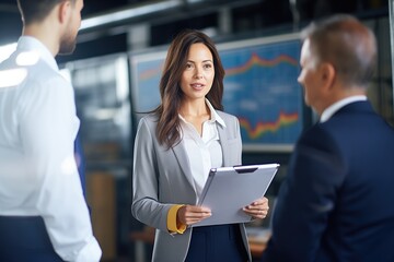 businesswoman presenting a logistics report on a tablet to colleagues