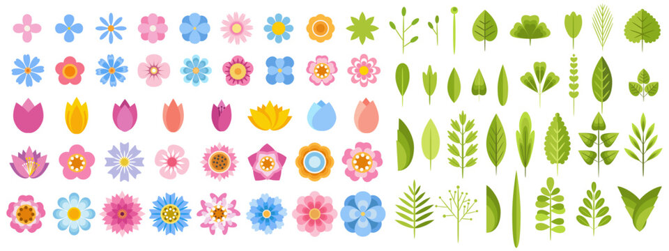 Simple flower and leaf signs, floral icons and symbols. Minimal graphic plant silhouettes, Isolated vector decoration set