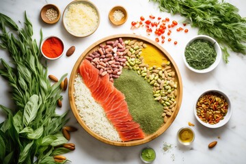 fresh herbs, seeds, and nuts surrounding a prepped raw pizza