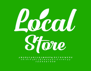 Vector eco template Local Store. Beautiful White Font. Modern Cursive Alphabet Letters and Numbers set.