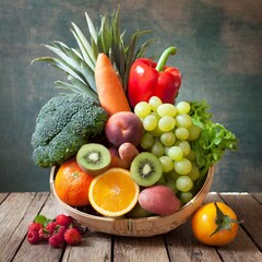 Plateau de fruits et légumes sur une table  - obrazy, fototapety, plakaty