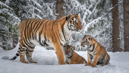 Obraz premium siberian tiger and cubs in the snowy forest, generative ai